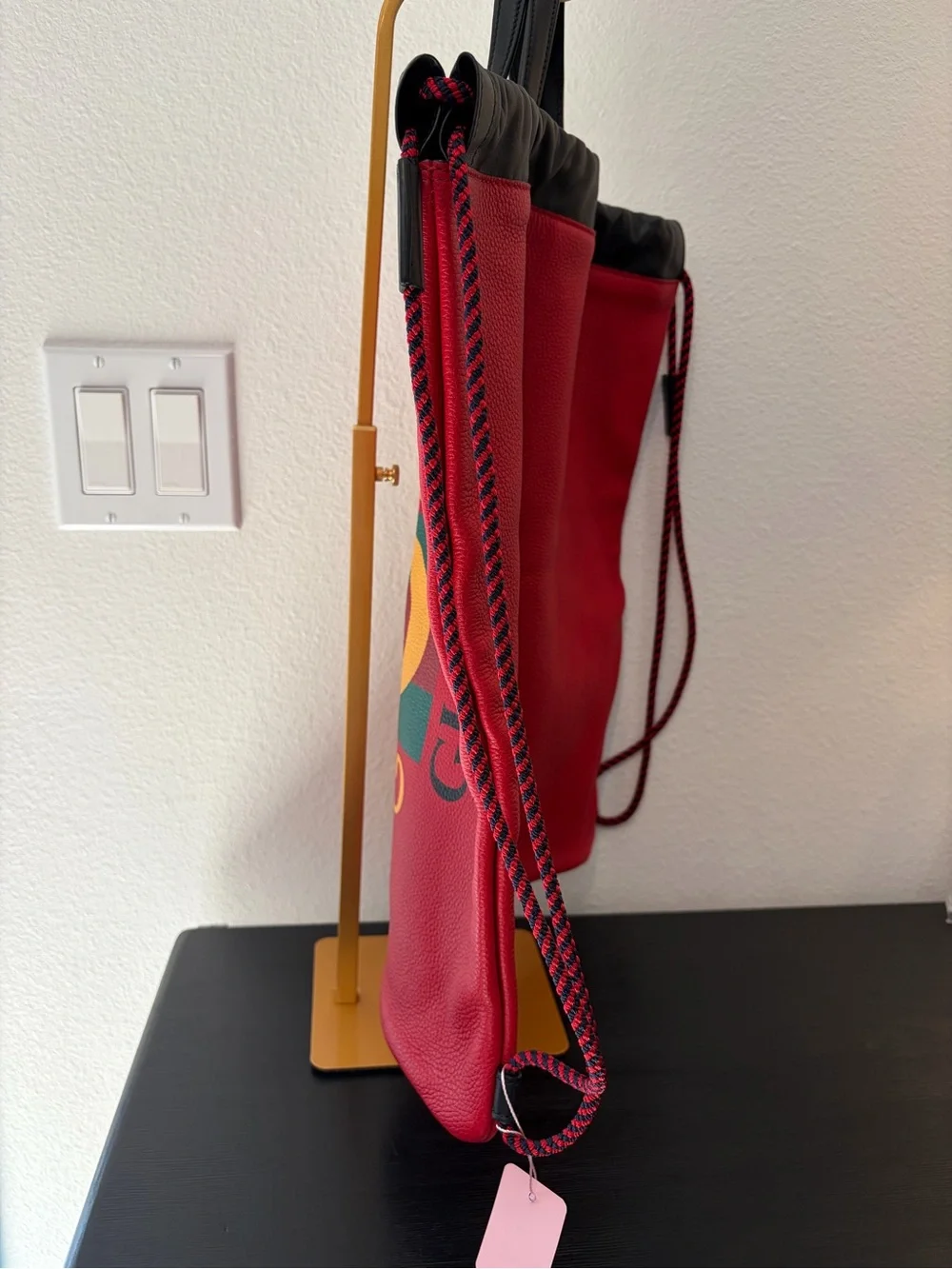 Gucci Red Leather Logo Drawstring Backpack